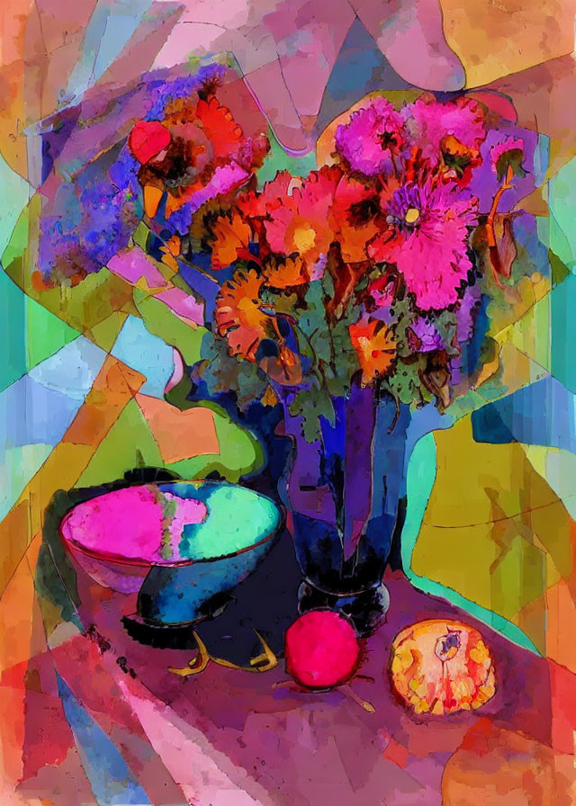 Colorful Abstract Painting: Pink and Orange Flowers in Blue Vase