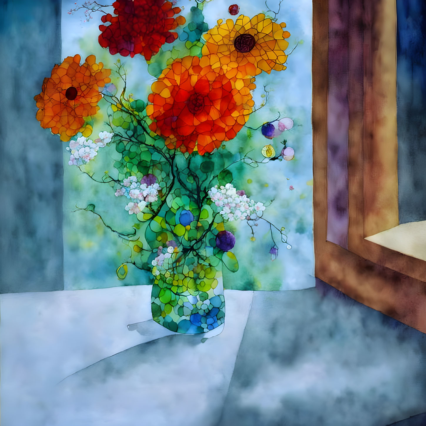 Colorful Stylized Flower Bouquet in Vase by Window