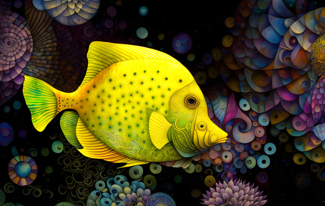 Colorful Digital Art: Yellow Fish with Psychedelic Background