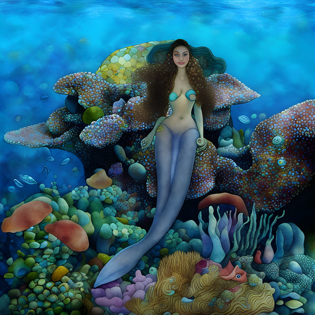 Mermaid with flowing hair on vibrant coral reef.