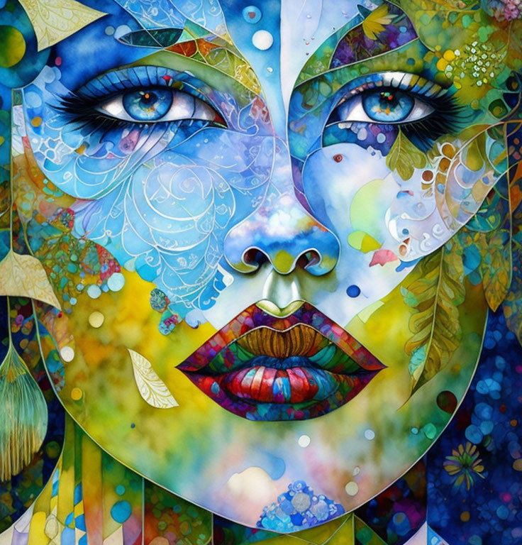 Colorful Woman's Face Illustration with Nature Motifs and Blue Eyes