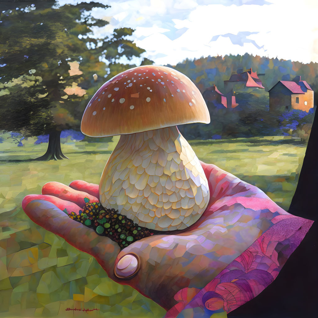 Hand holding large mushroom in sunny meadow with cottage