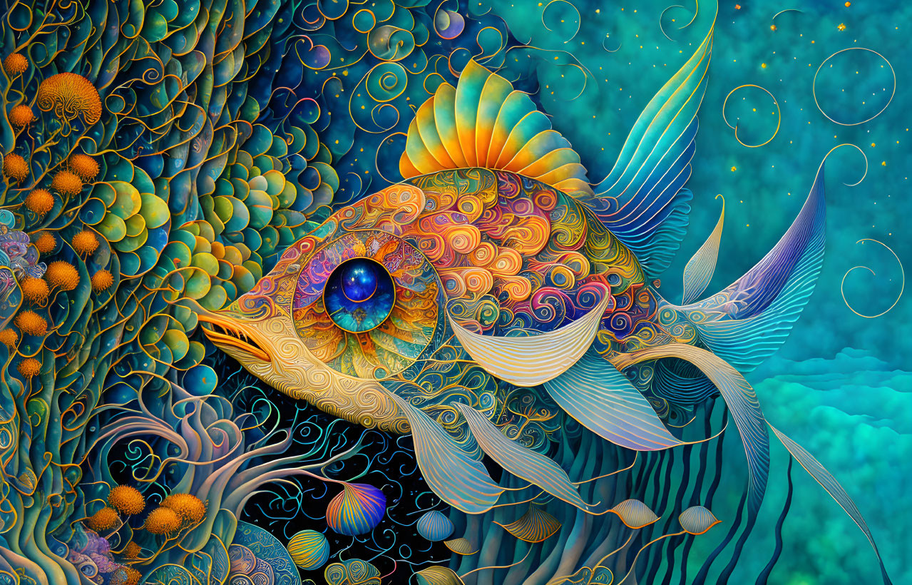 Colorful Psychedelic Fish Illustration with Intricate Patterns