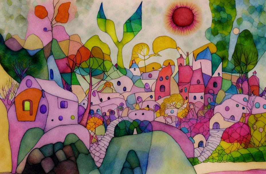 Colorful watercolor painting of a vibrant, stylized village scene