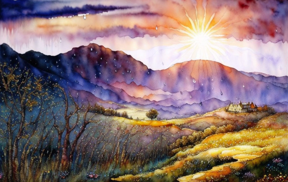 Colorful Watercolor Landscape: Sunrise Over Mountains, House in Rolling Hills