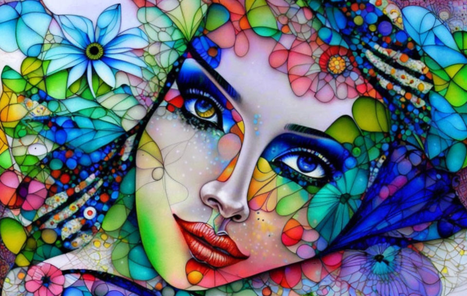 Colorful artistic image of woman's face with floral and geometric patterns