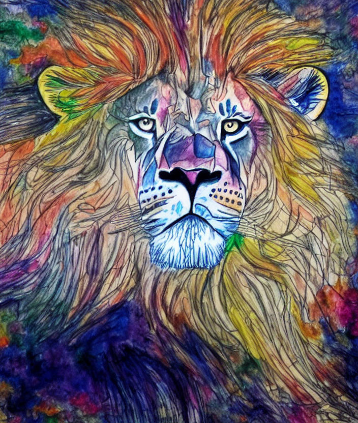 Colorful watercolor lion face painting with vibrant mane.