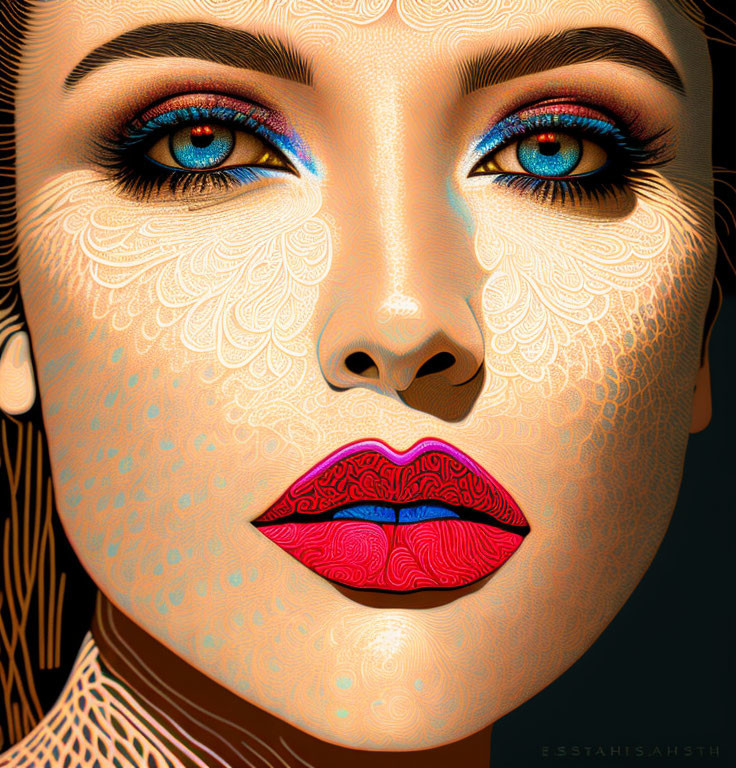 Striking blue-eyed woman with face art and red lips on dark background