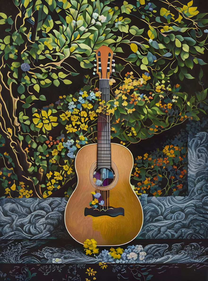 Classic Guitar Among Greenery and Yellow Flowers with Dark Patterns