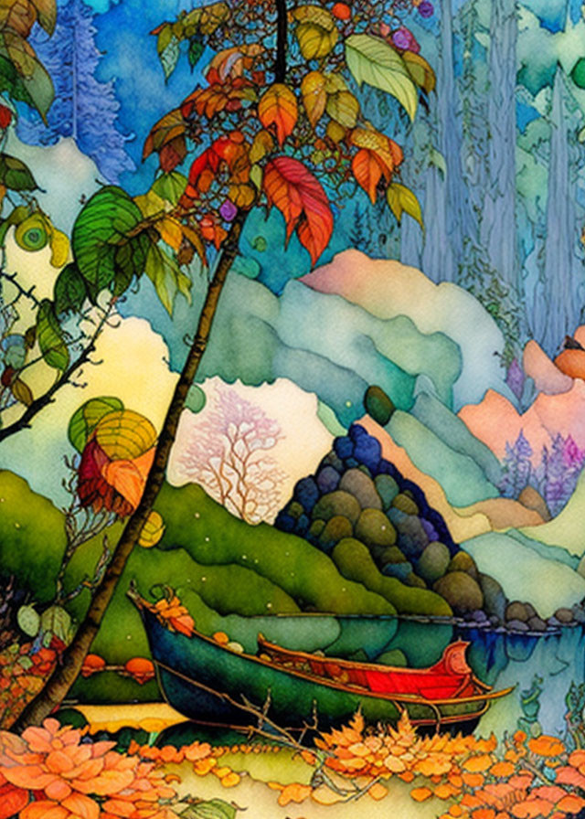 Colorful Watercolor Painting of Whimsical Forest and Lake