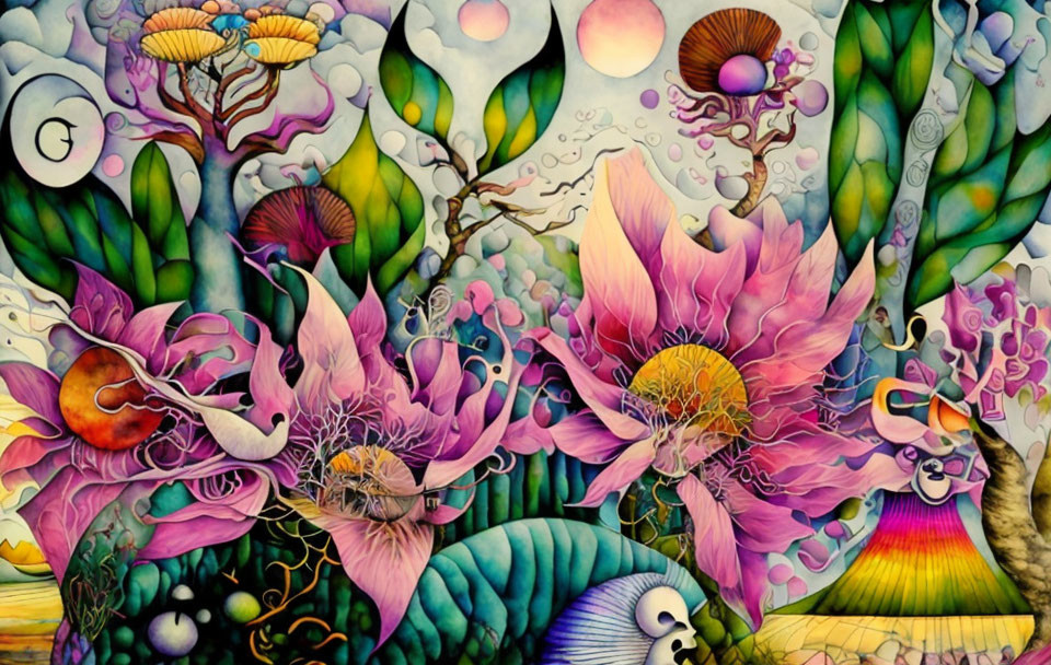 Colorful Illustration of Fantastical Flowers and Plants