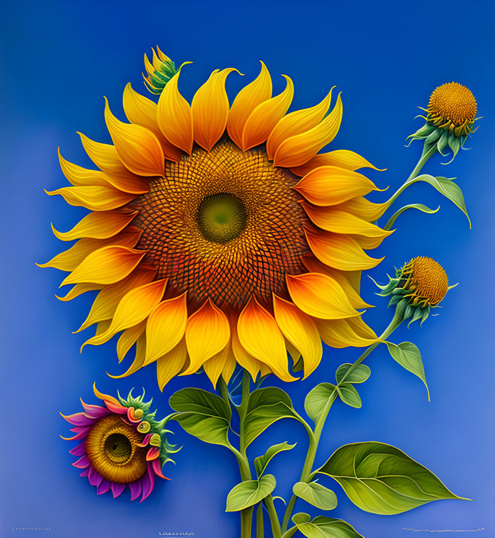 Detailed sunflower digital illustration on blue background