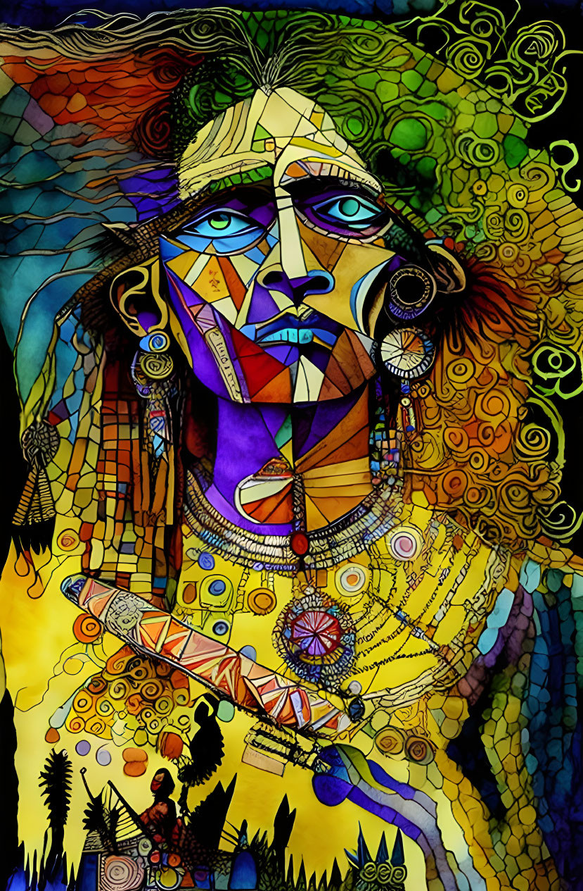 Colorful Abstract Portrait with Geometric Patterns and Intricate Details