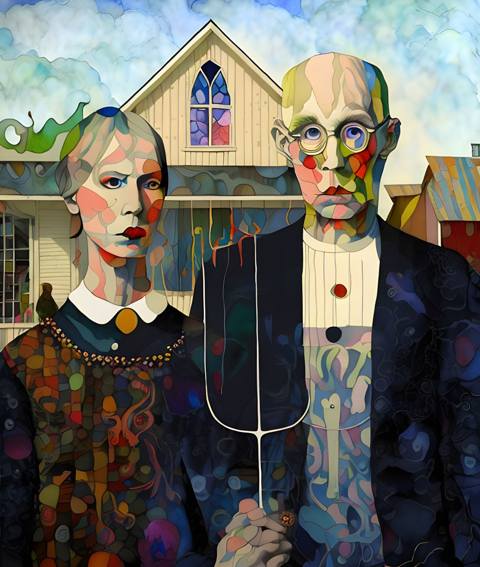 Abstract painting of man and woman with geometric facial features before a house.