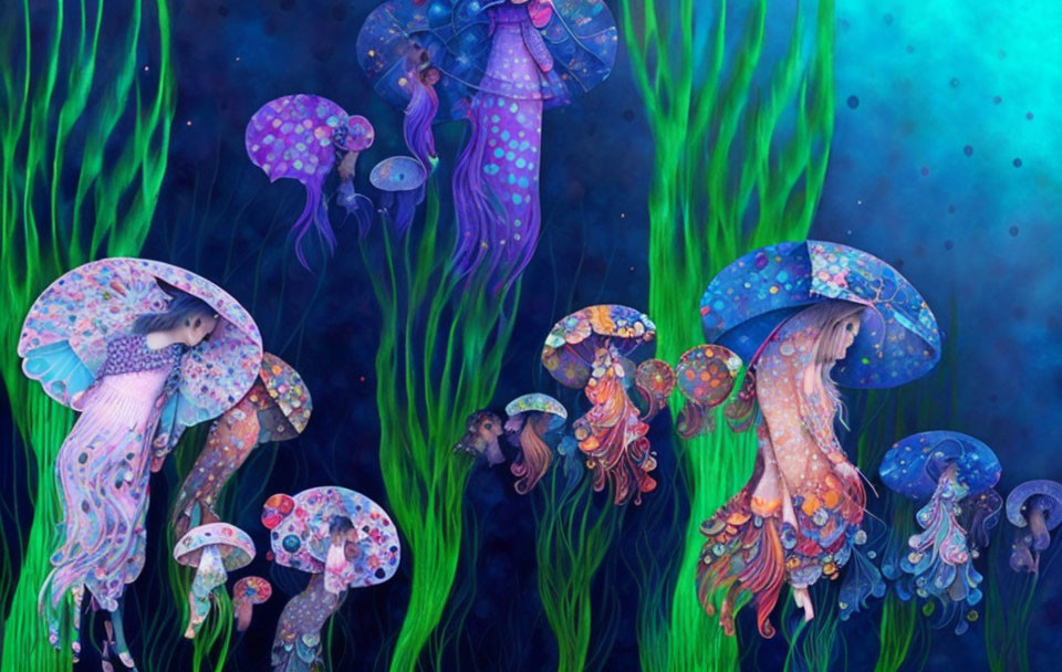 Colorful mermaids with jellyfish tails in dreamy underwater scene