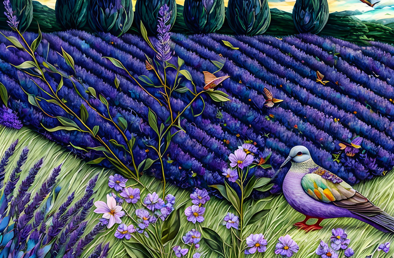 Colorful Lavender Field Painting with Pigeon, Butterflies, and Hills