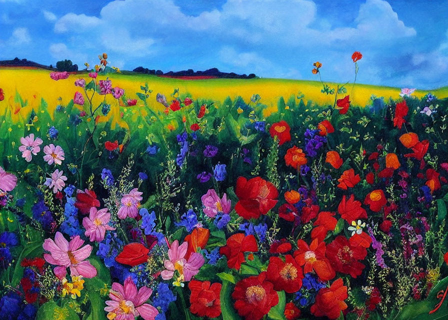 Colorful Flower Field Painting with Red Poppies and Purple Blooms