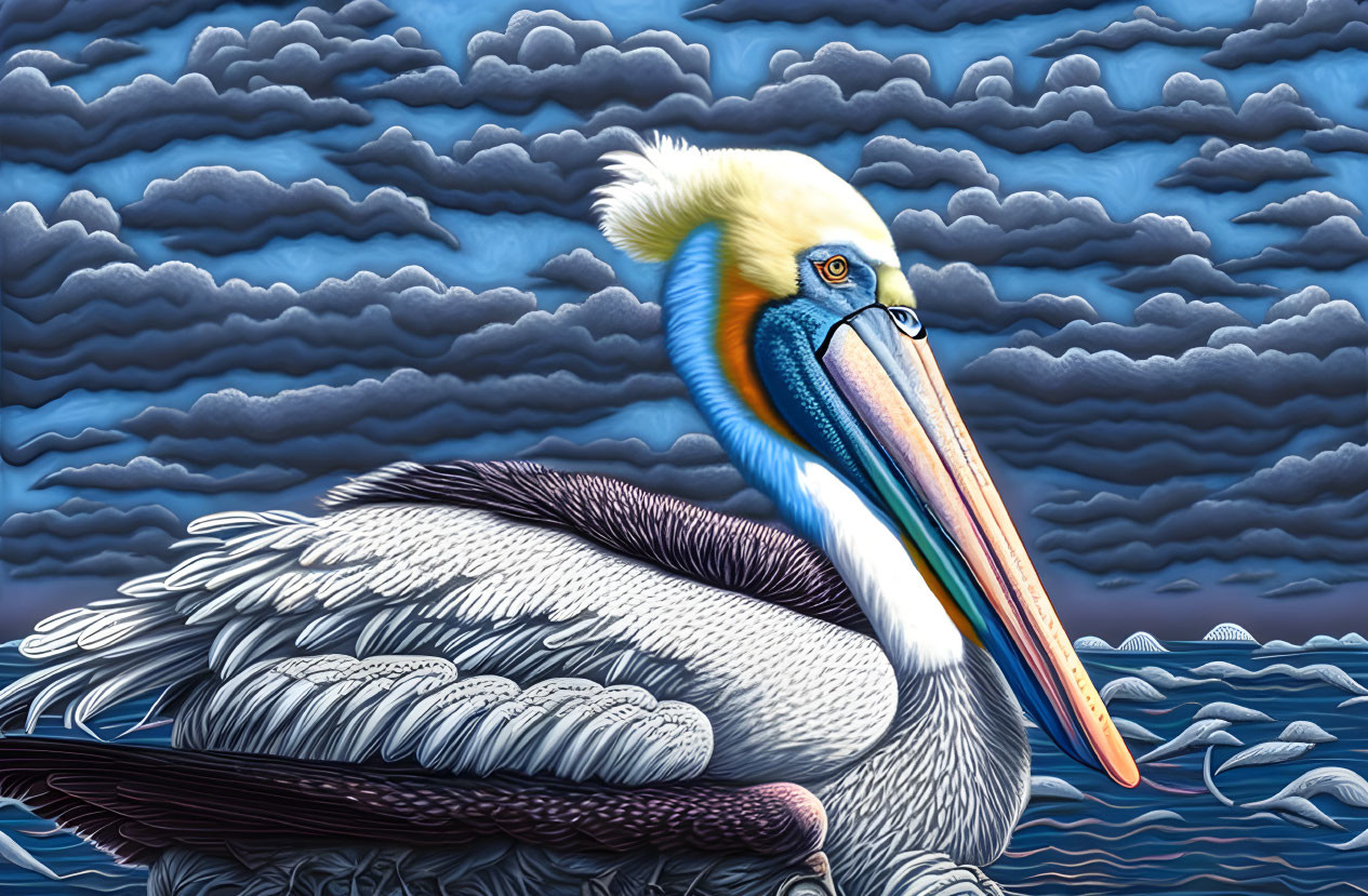 Colorful Pelican Illustration with Textured Plumage and Ocean Background