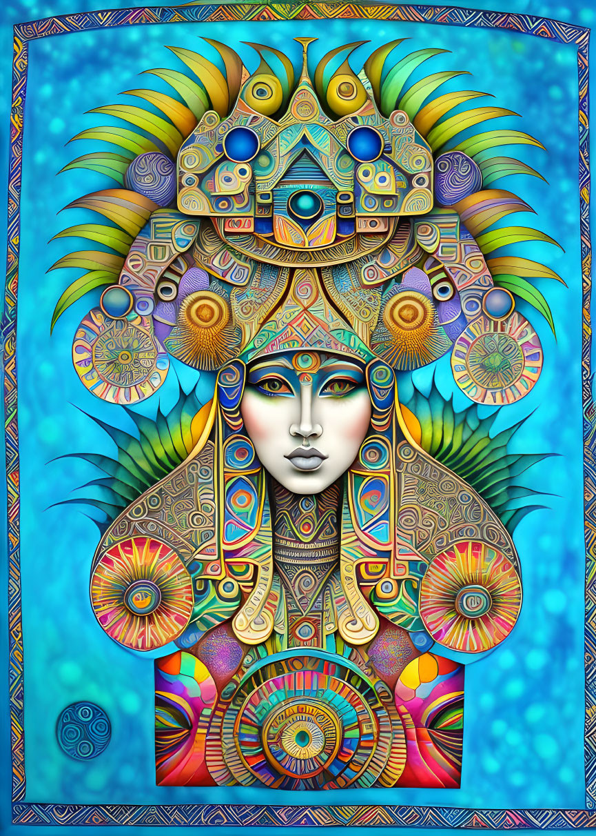 Vibrant digital art: stylized female figure with ornate headgear & intricate patterns