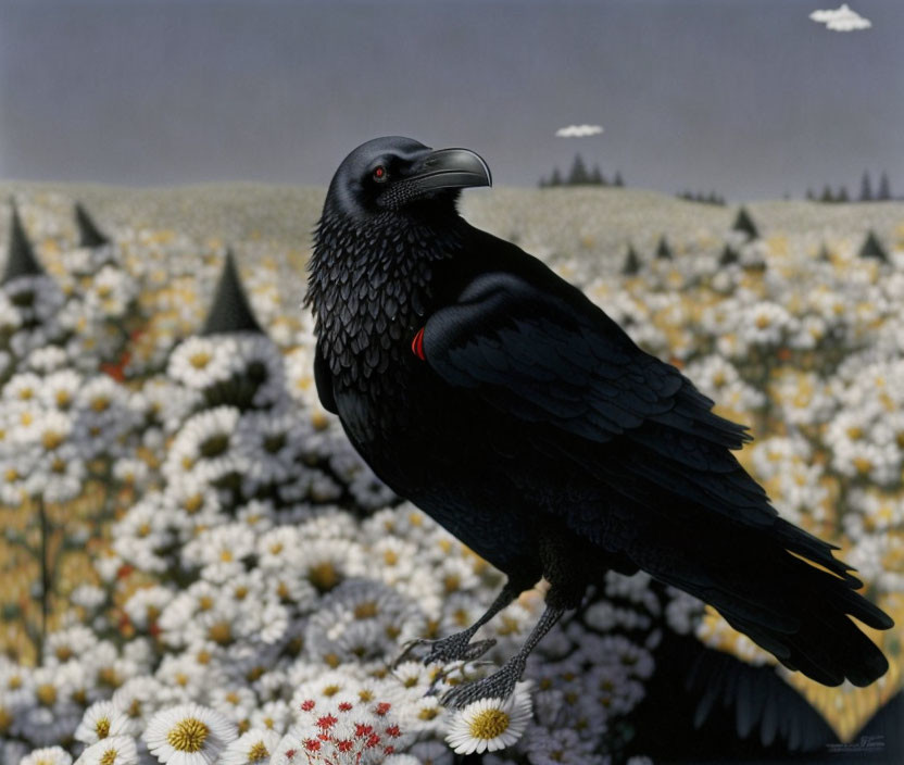 Detailed Painting: Black Raven Among White & Yellow Flowers on Gray Sky