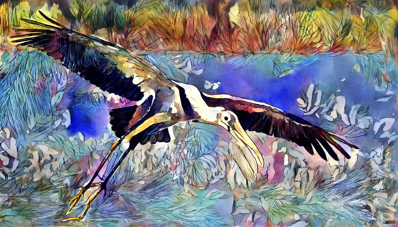 Colorful Watercolor Painting: Stork Flying Over Abstract Landscape