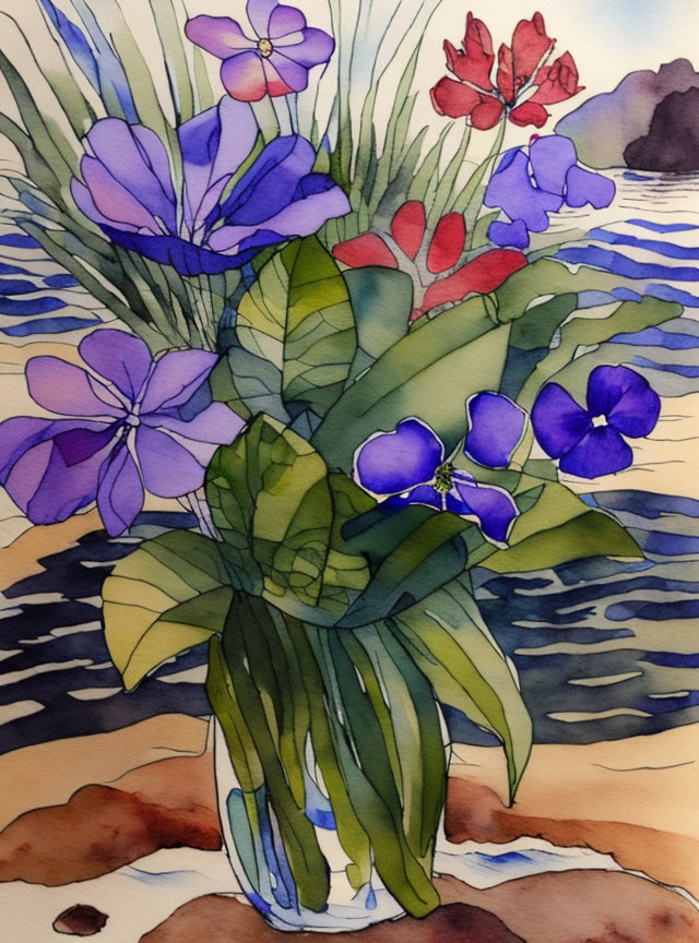 Colorful Watercolor Painting of Purple and Red Flower Bouquet in Vase