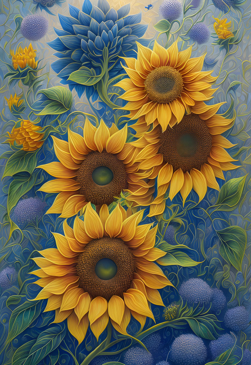 Detailed sunflower and blue flower illustration on ornate blue background