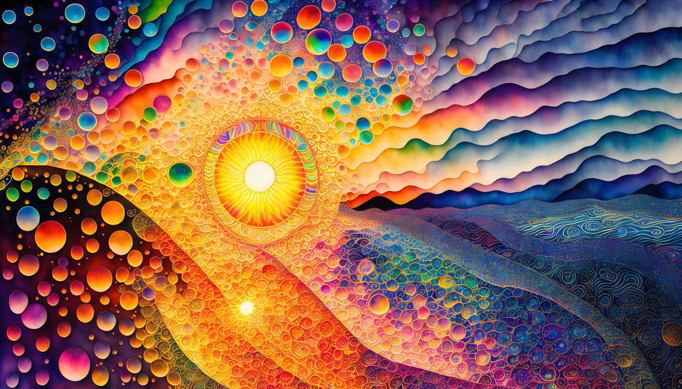 Colorful Abstract Art: Sun Circle, Waves, Multicolored Bubbles