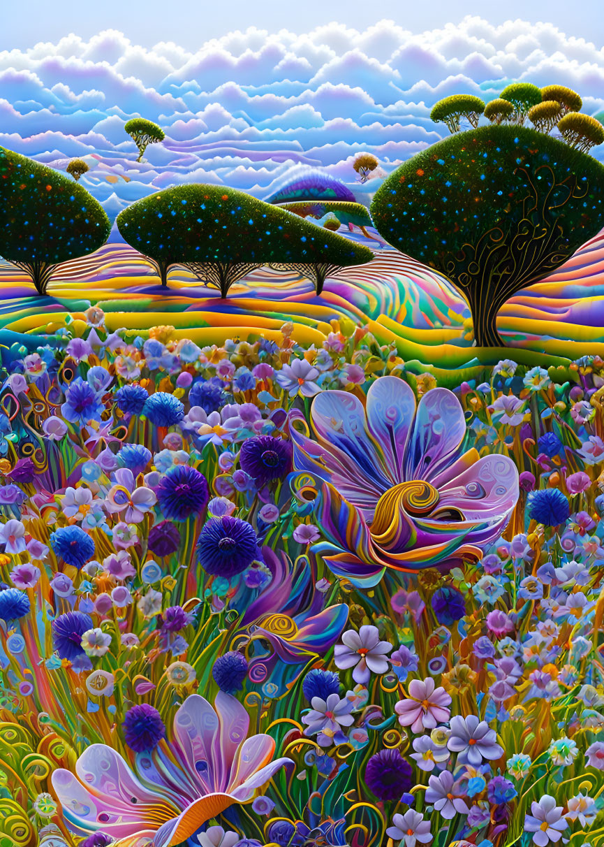 Colorful psychedelic landscape with whimsical trees and stylized flowers