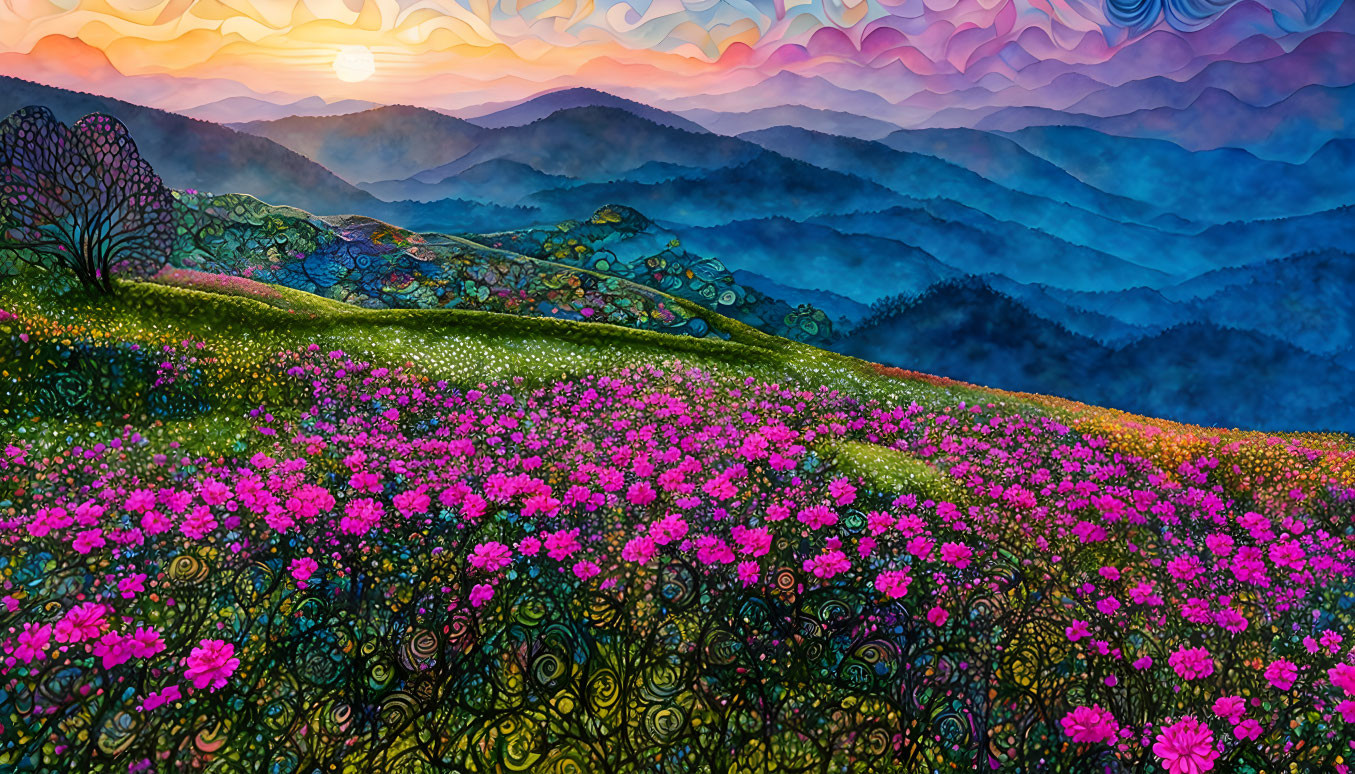 Colorful landscape with hills, pink flowers, swirling patterns, and a setting sun.