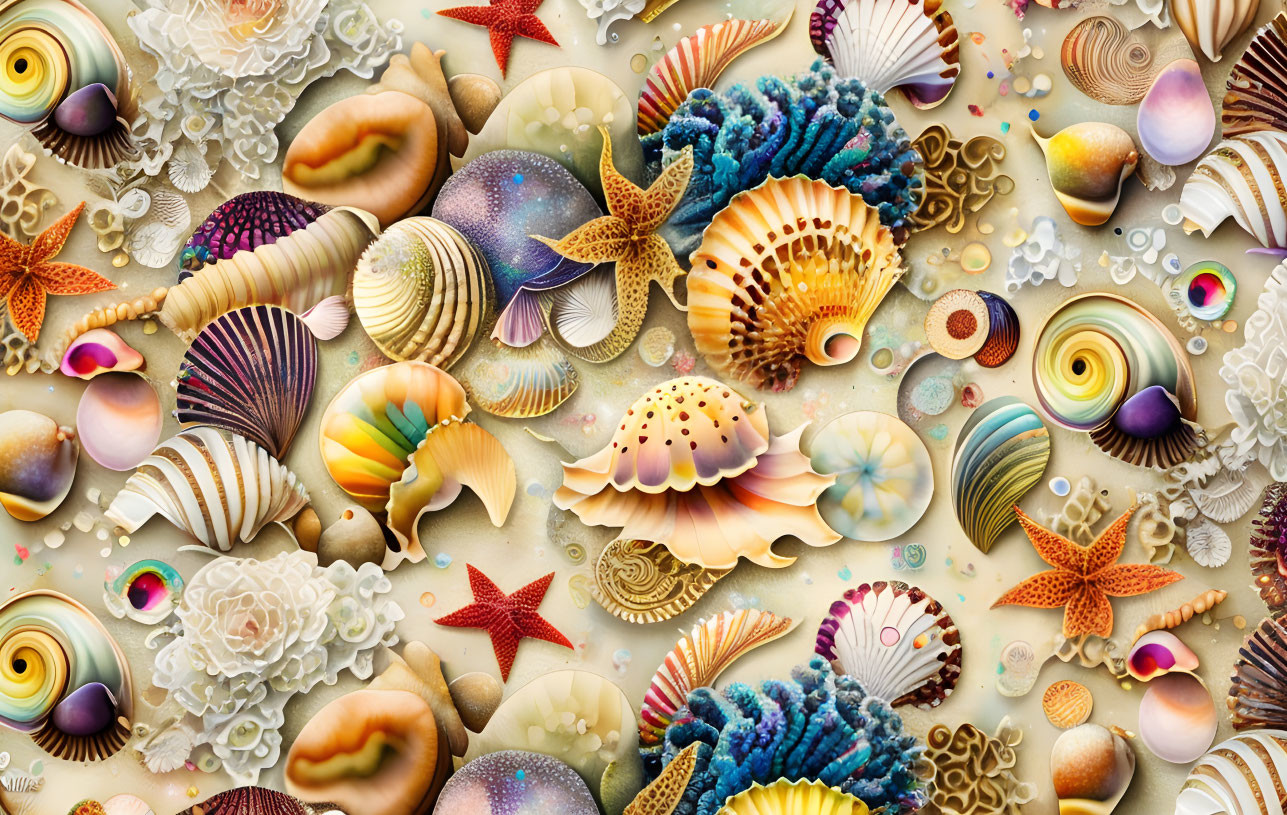 Vibrant Marine Life Illustration with Shells, Starfish, and Coral