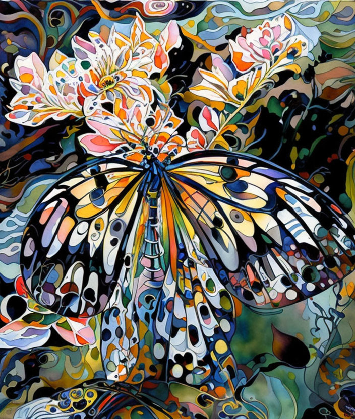 Colorful Butterfly Painting with Elaborate Patterns on Abstract Floral Background