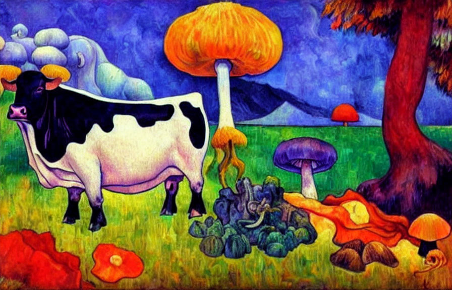 Vibrant cow and mushroom landscape painting with mountain backdrop