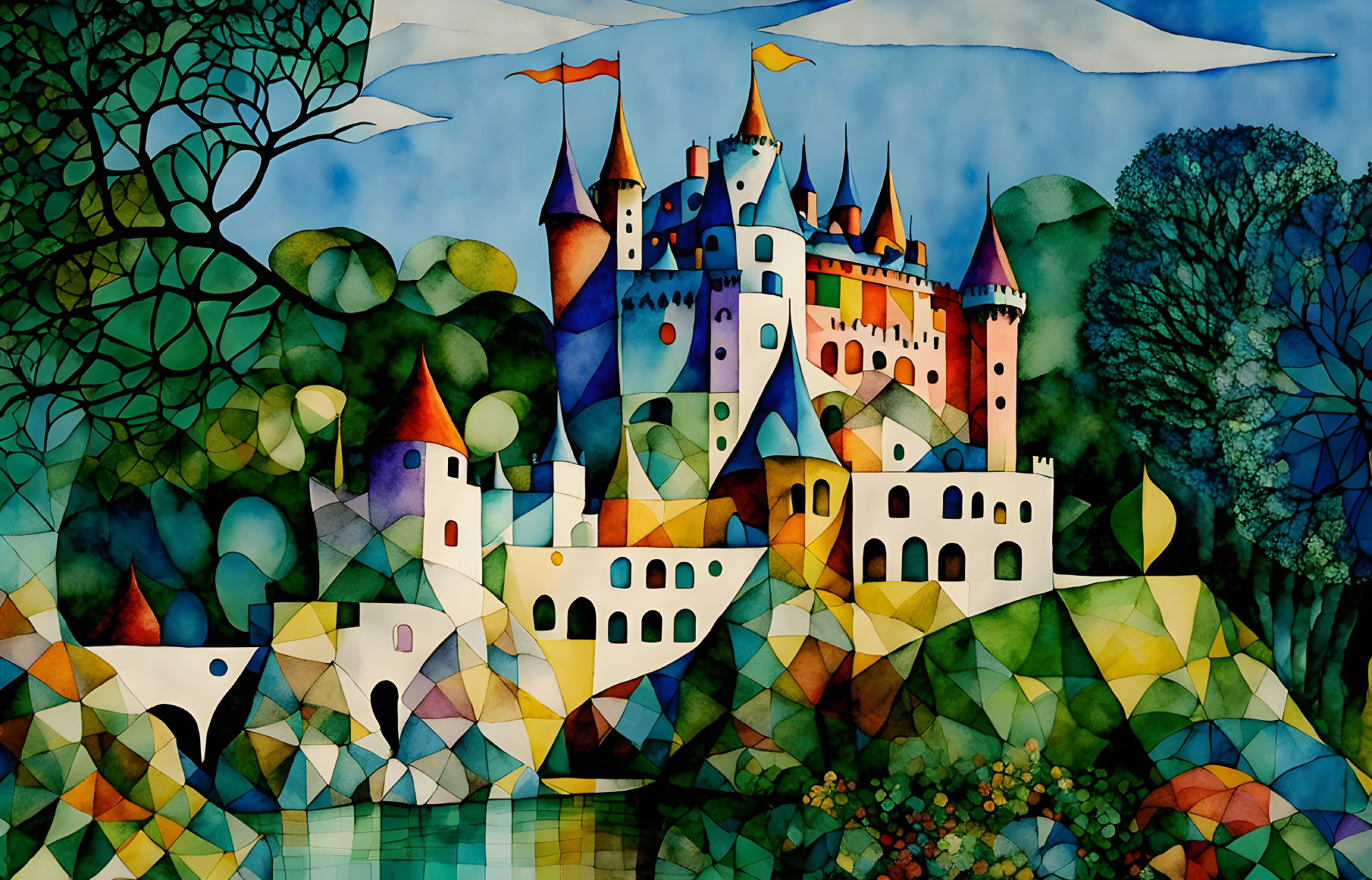 Whimsical castle painting with geometric design