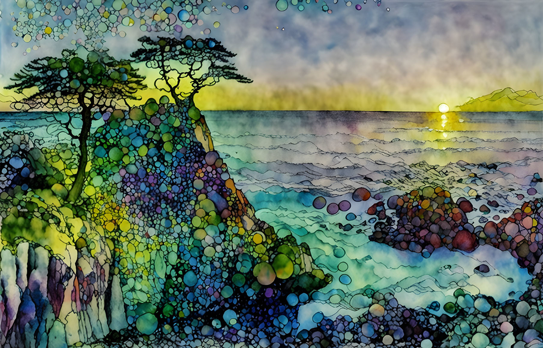 Colorful Stylized Landscape with Trees, Pebbles, and Waves at Sunrise or Sunset