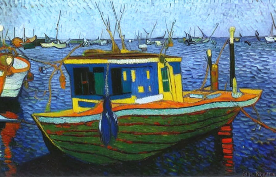 Vibrant expressionistic boat painting with yellow and green hues on blue sea.