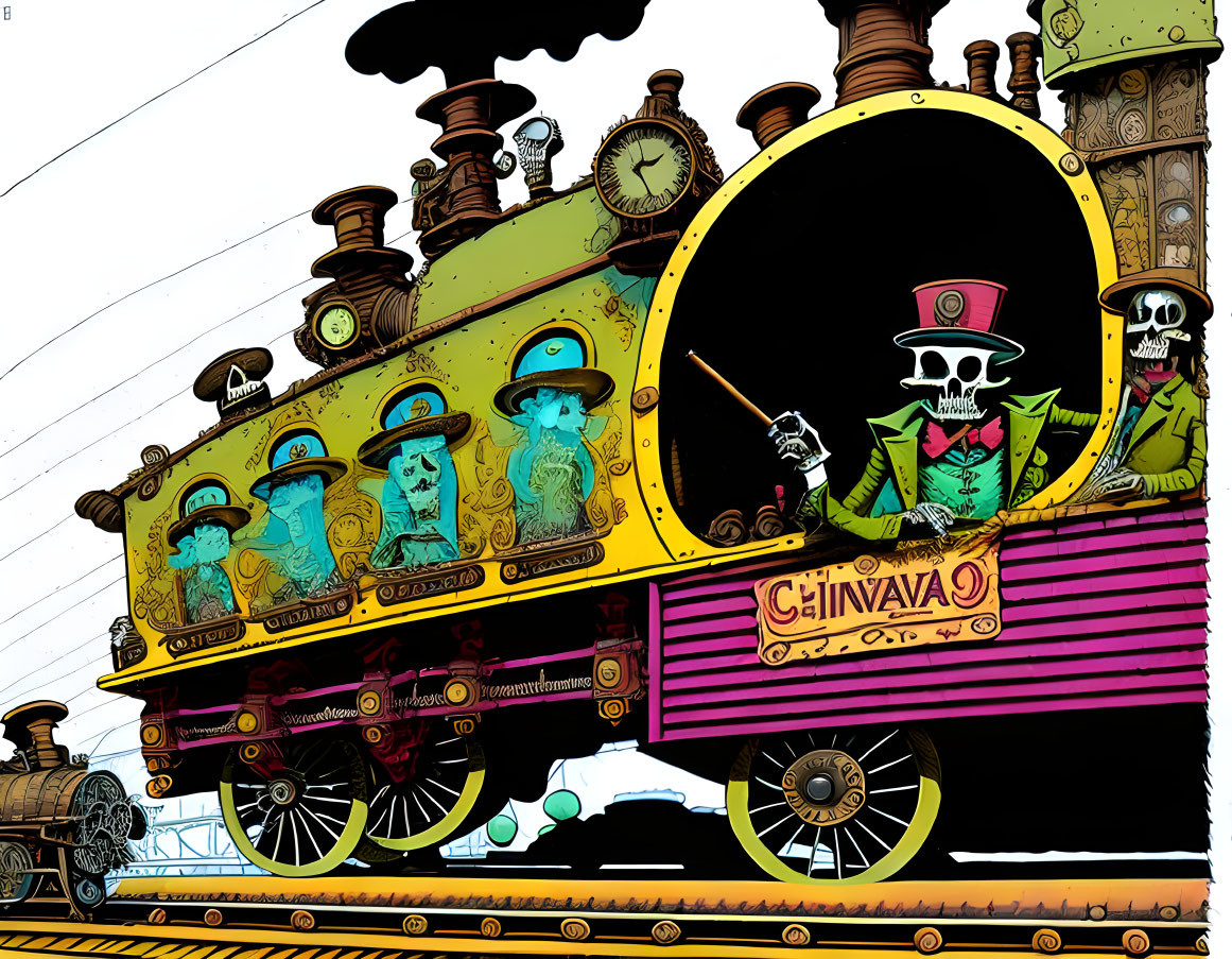 Colorful Stylized Skeleton Conductor Leading Ghost Train