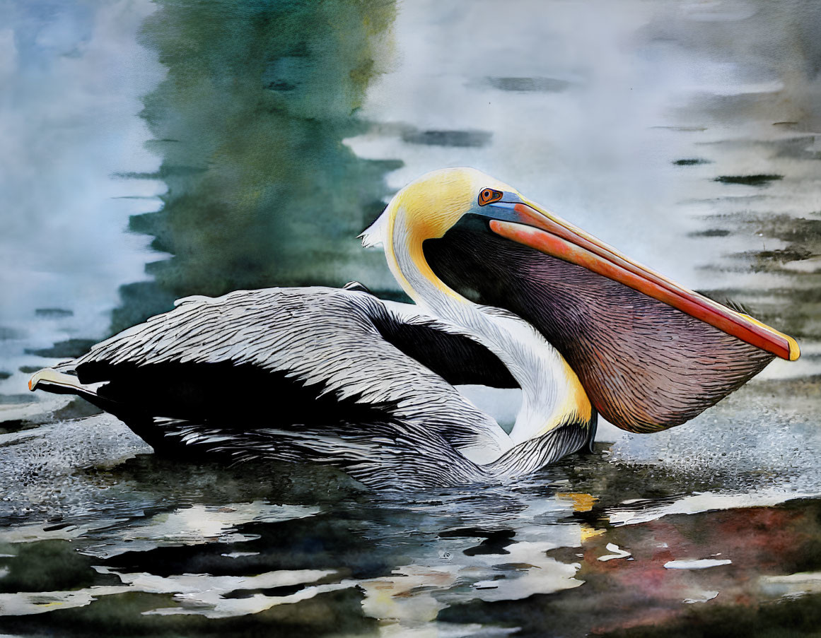 Pelican Floating on Water with Soft Watercolor Hues