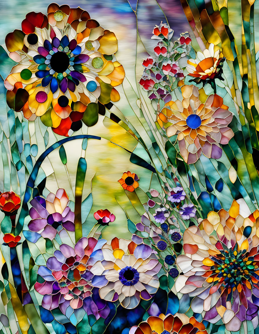 Colorful Stylized Flower Stained Glass Window with Mosaic Effect