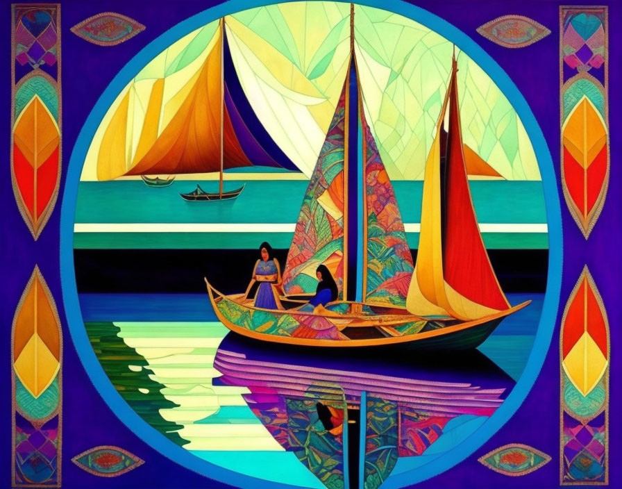 Colorful stylized painting of sailboats on tranquil water with reflections and serene human figures.