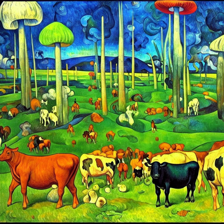 Colorful surreal painting: oversized mushrooms, cattle, blue sky