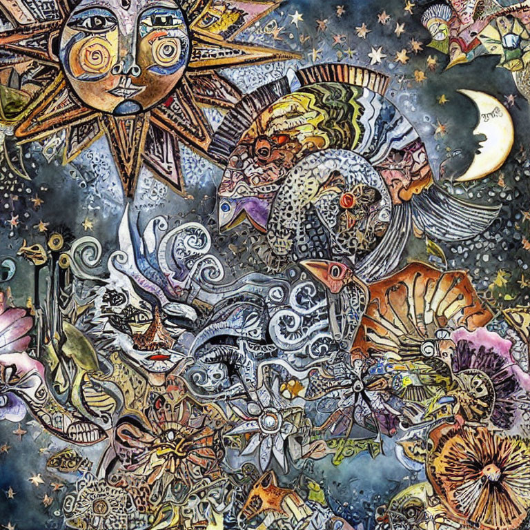 Vibrant celestial artwork with sun, moon, sea creatures, and abstract patterns