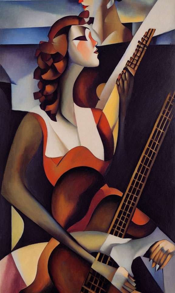 Cubist-style painting of woman playing guitar in blues and earth tones