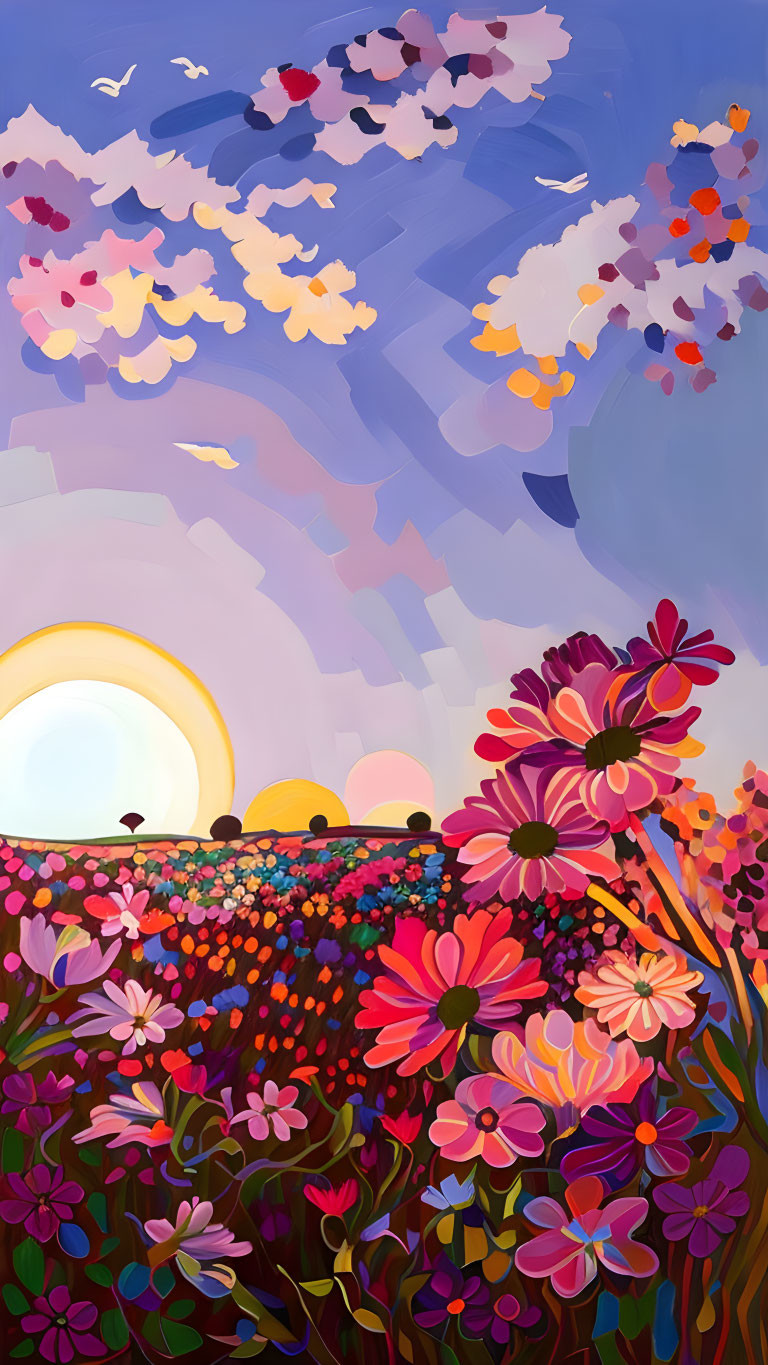 Vibrant sunset painting with blooming flowers and birds