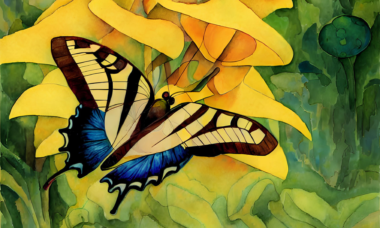 Colorful Watercolor Painting of Butterfly on Yellow Flowers