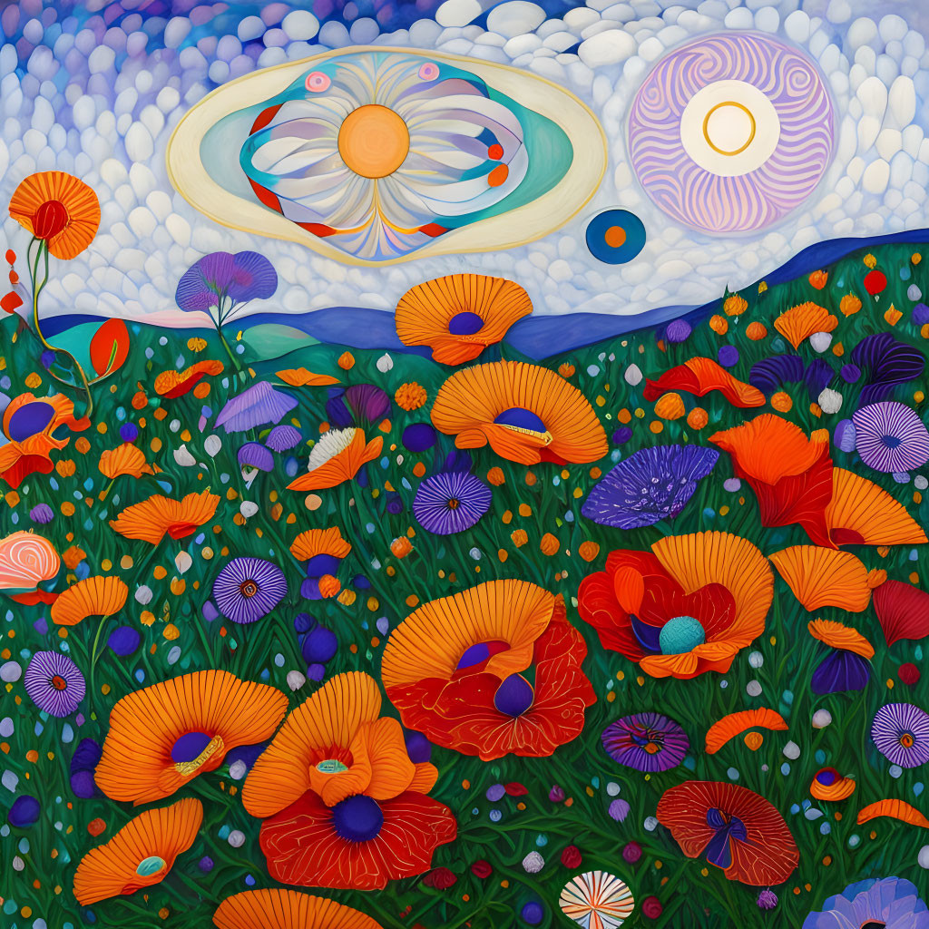 Colorful Stylized Artwork: Field of Red Poppies & Mixed Flowers under Whims