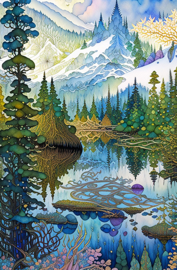 Colorful Forest Illustration with Reflective Lake & Mountains