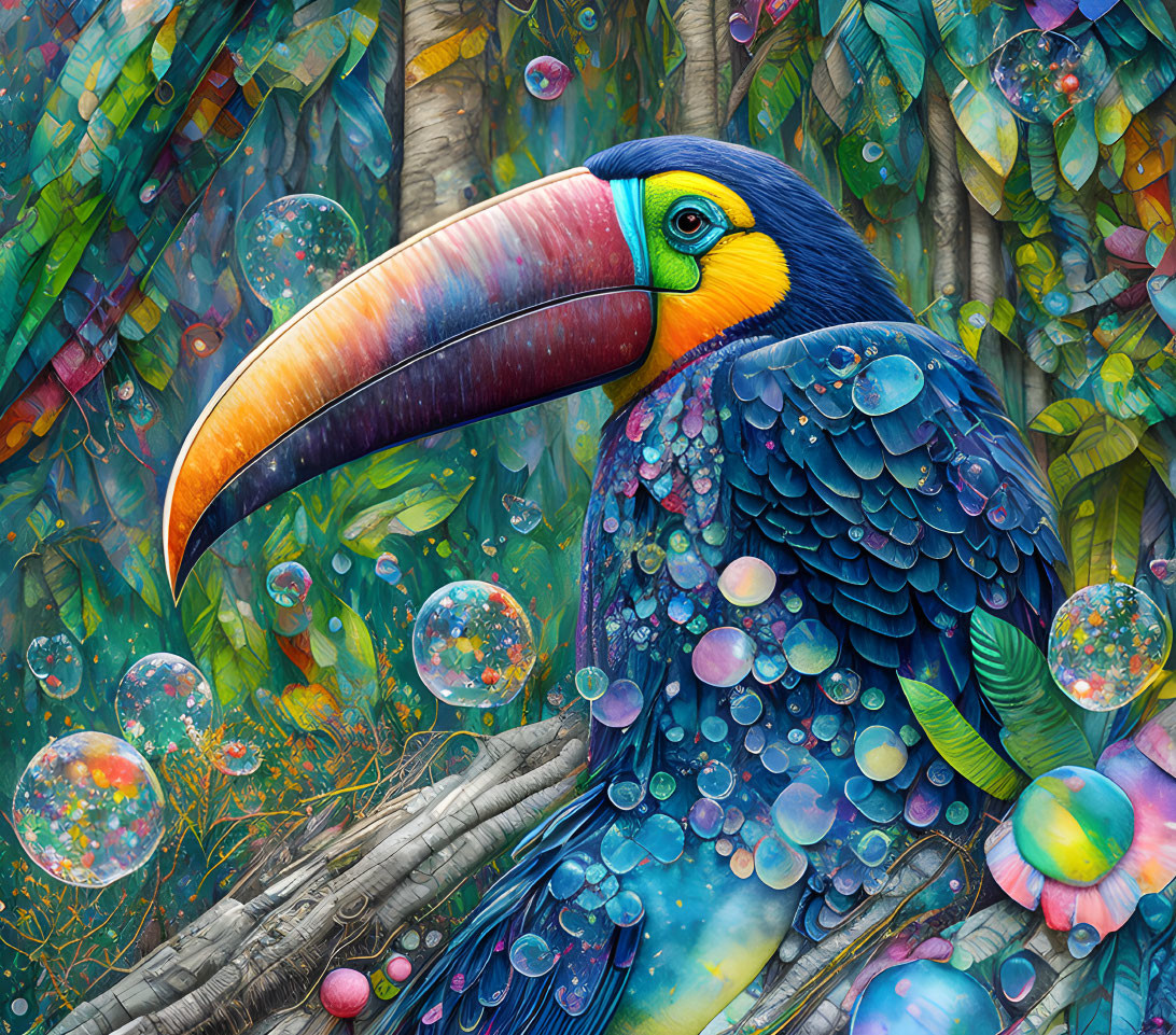 Colorful Toucan with Vibrant Beak in Fantastical Jungle Scene