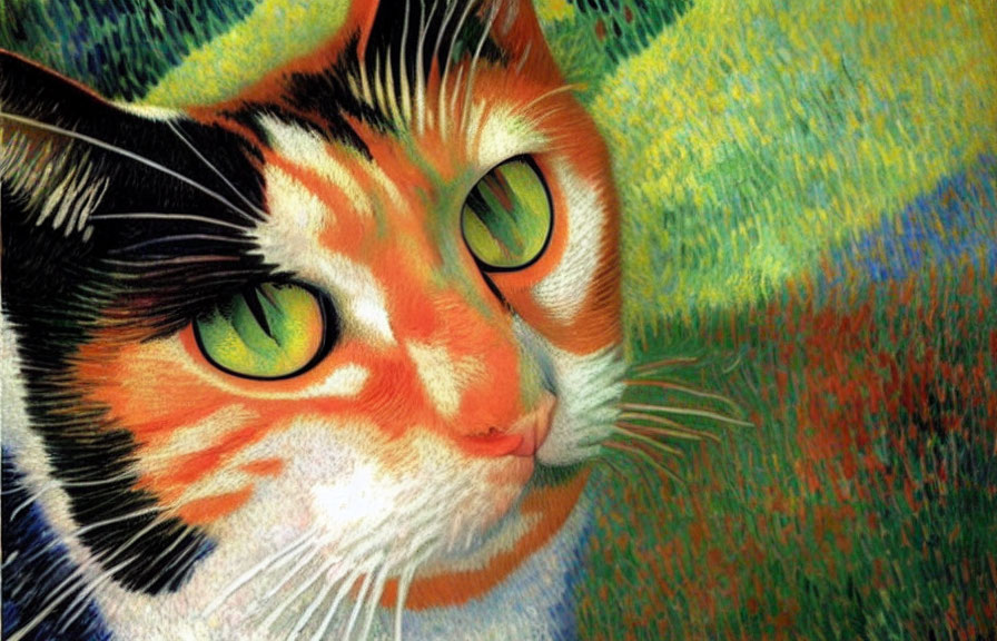 Vibrant close-up illustration of calico cat with green eyes and detailed fur pattern