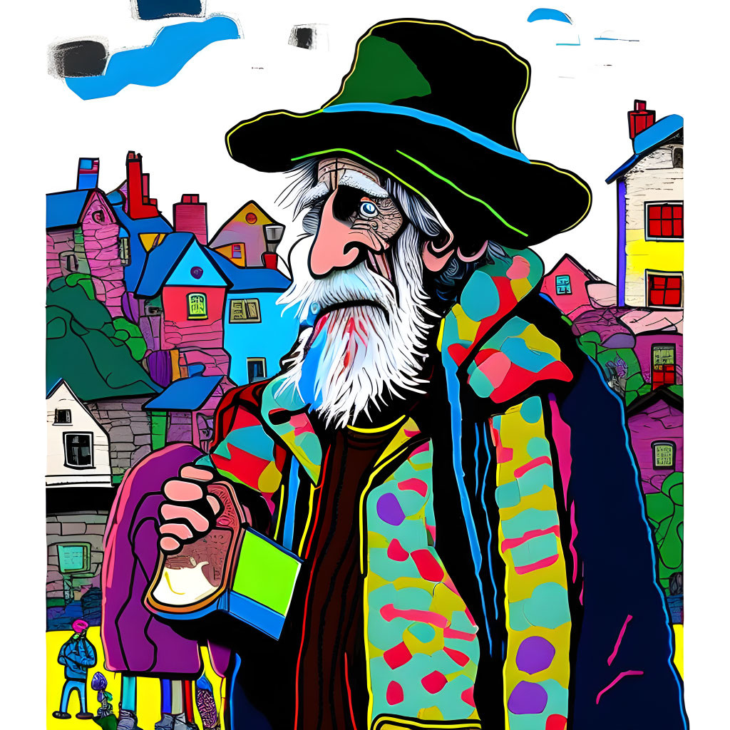 Colorful illustration: Bearded man in patchwork coat with whimsical scene